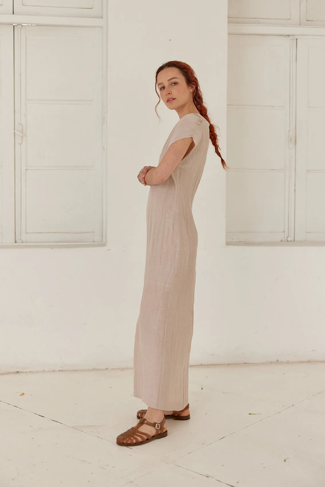 V-Neck Textured Silk/Linen Long Dress - Arena