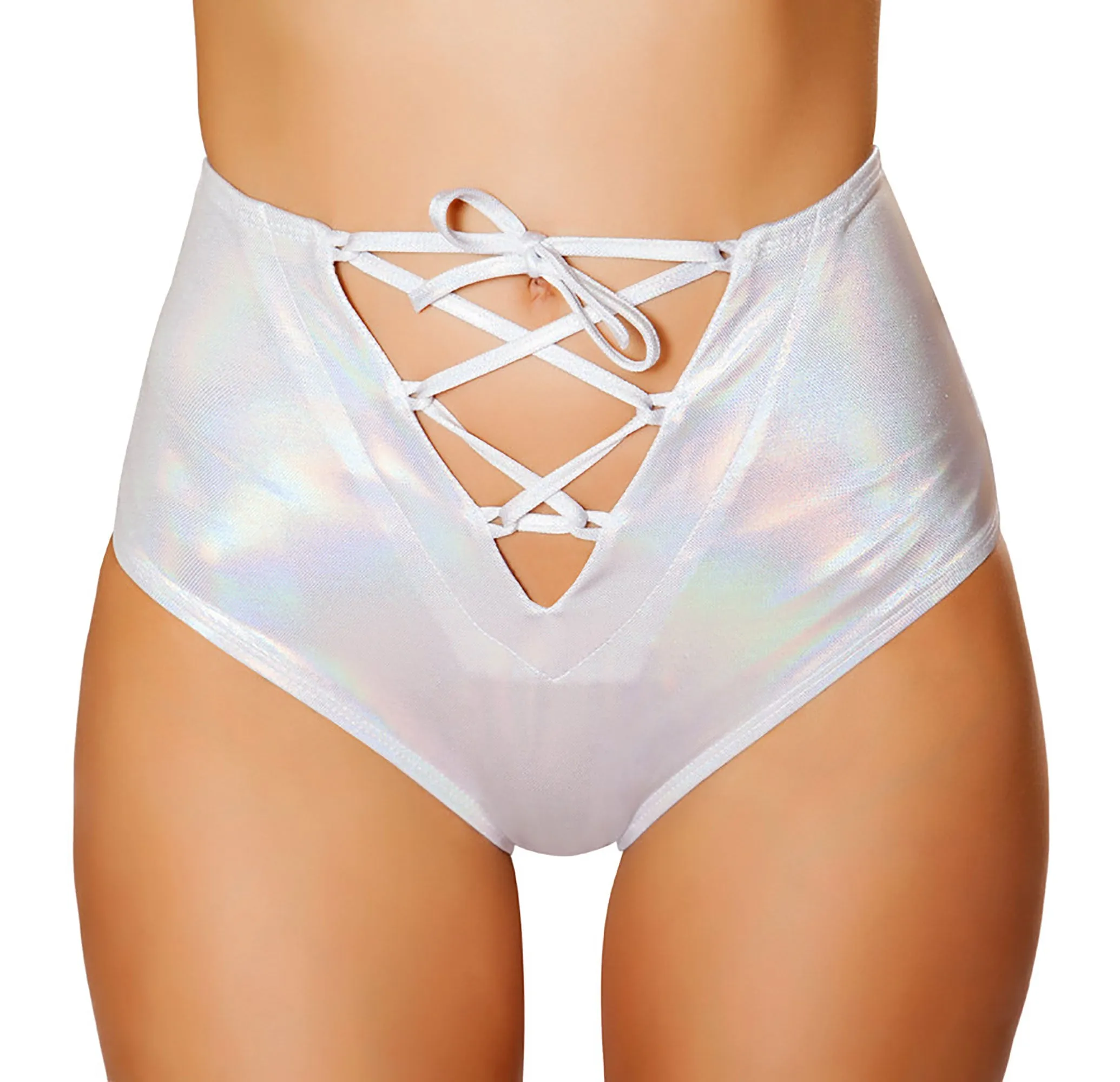 White Iridescent Lace-Up High Waisted Shorts Ravewear