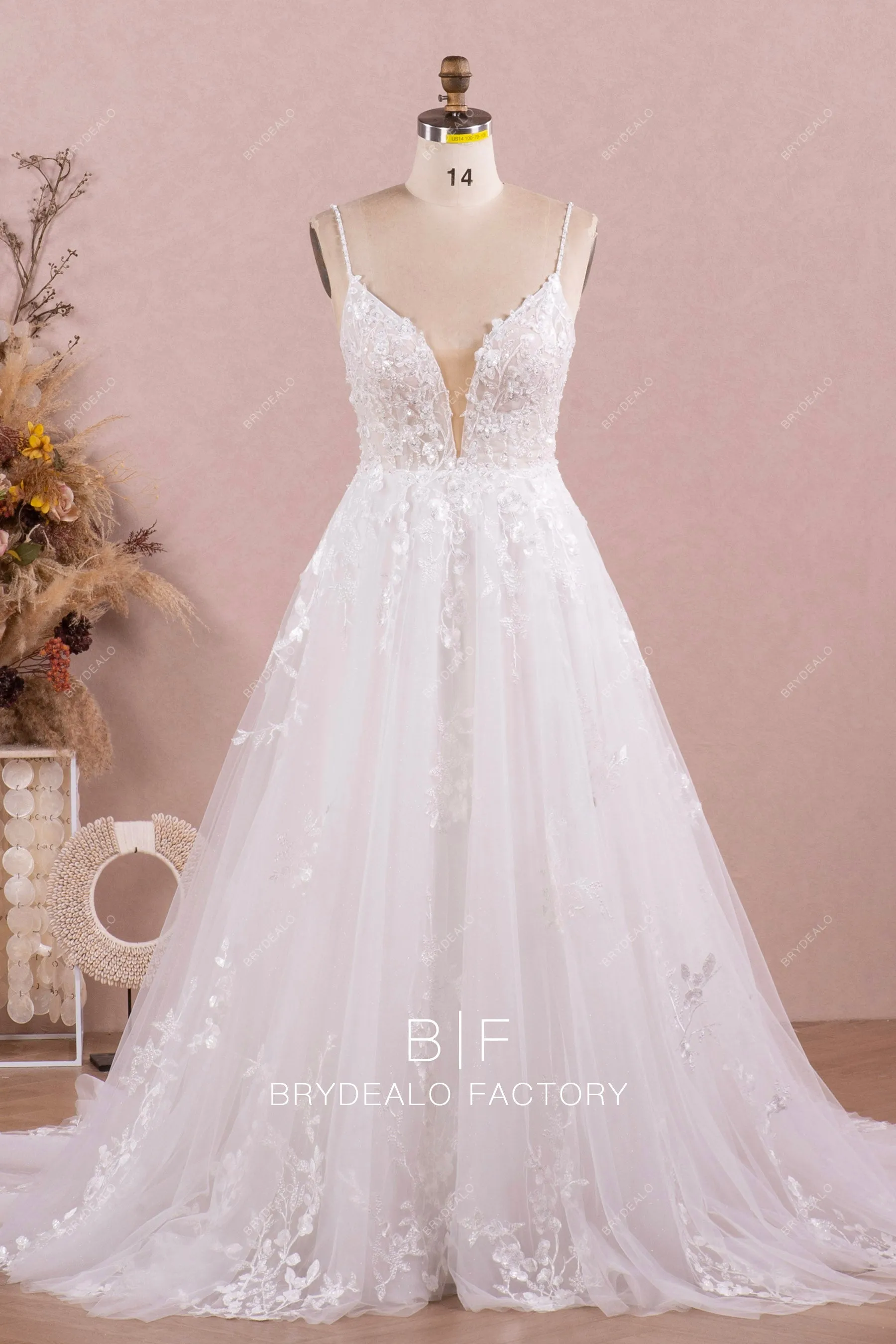 Wild Lace Plunging Neck Romantic Long Wedding Dress