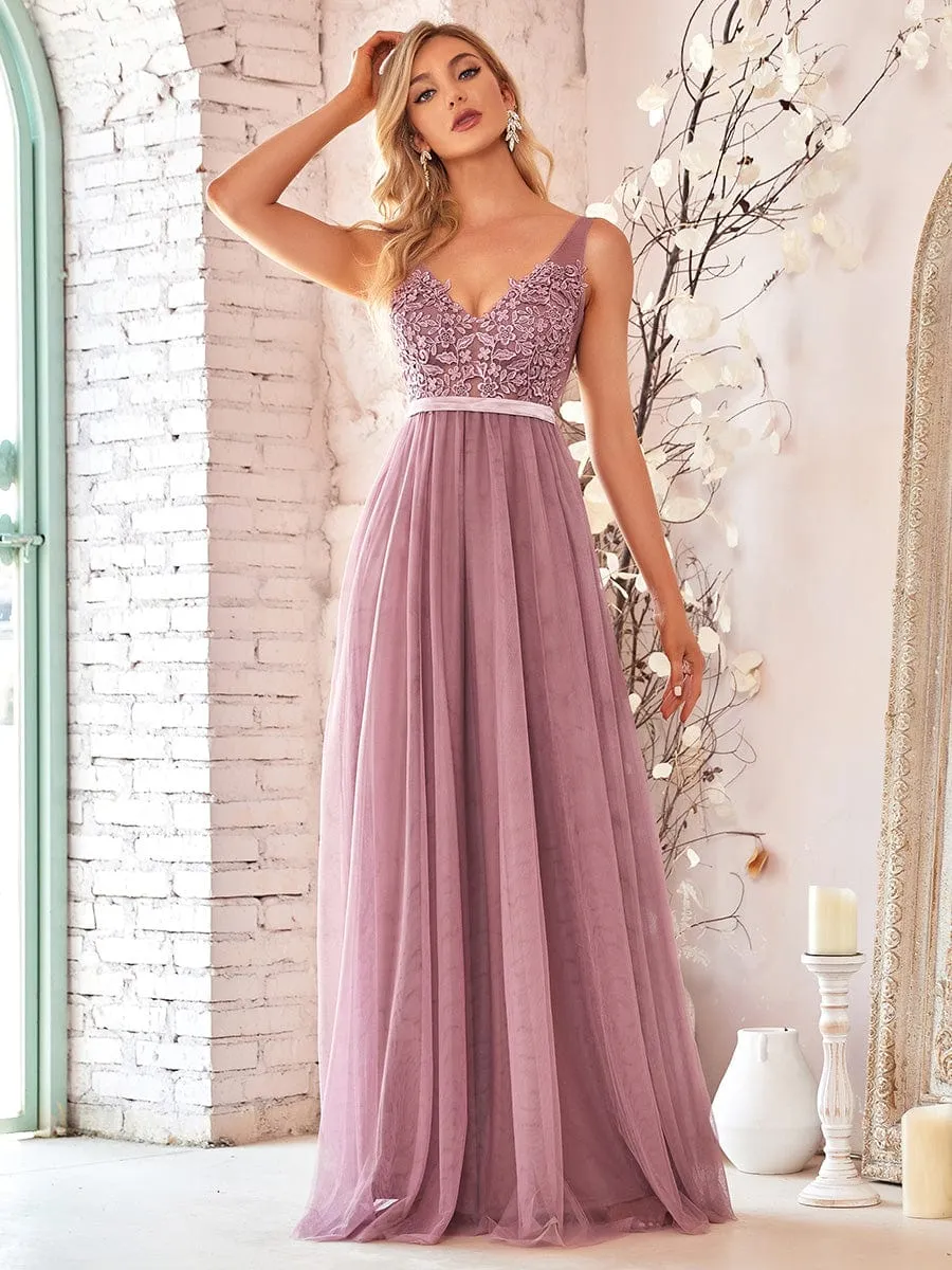 Women's A-Line V-Neck Floral Lace Appliques Bridesmaid Dress