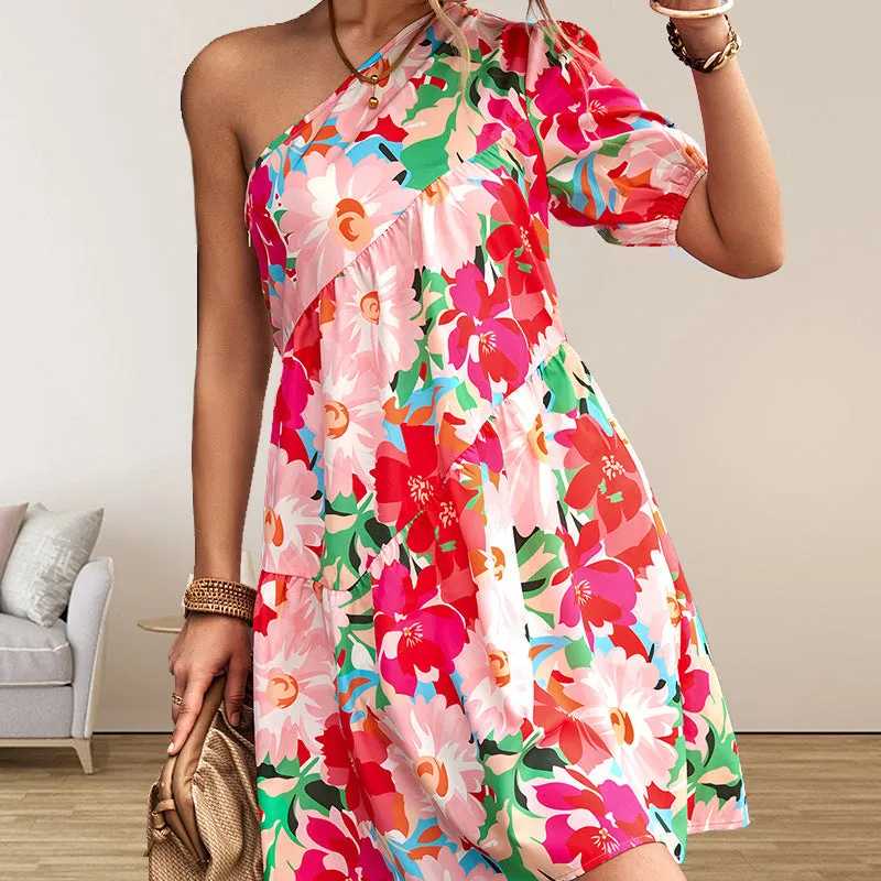 Women's Graceful And Fashionable Casual Shoulder Short Sleeve Printed Dress