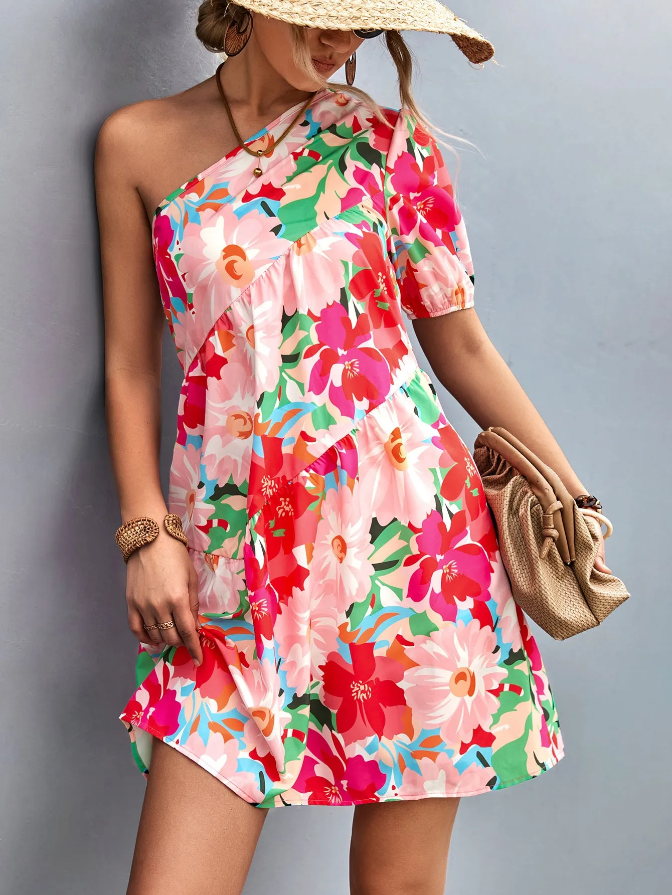 Women's Graceful And Fashionable Casual Shoulder Short Sleeve Printed Dress