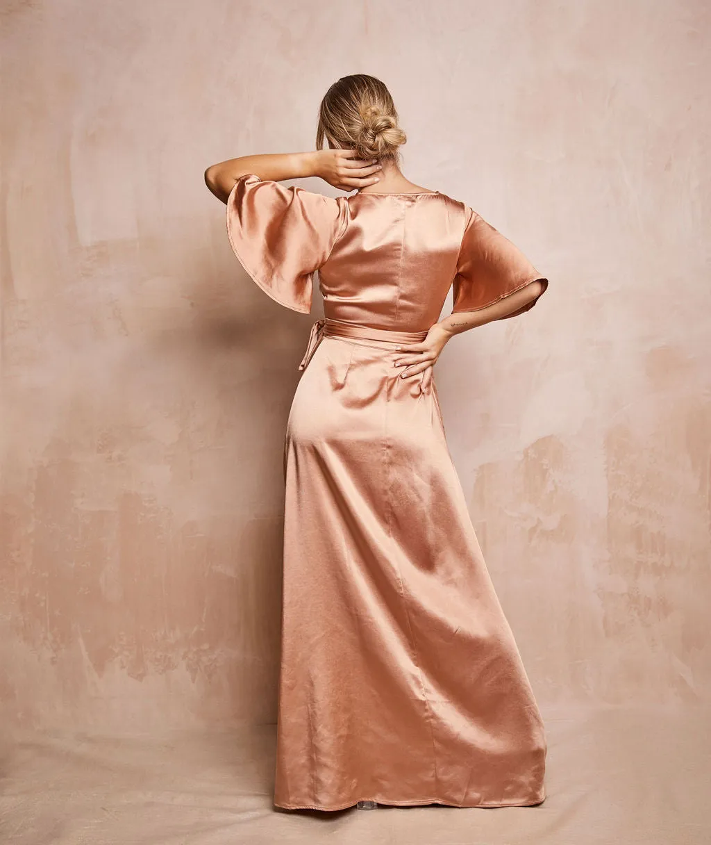 Wrap Tie Satin Bridesmaid Dress - Burnt Peach